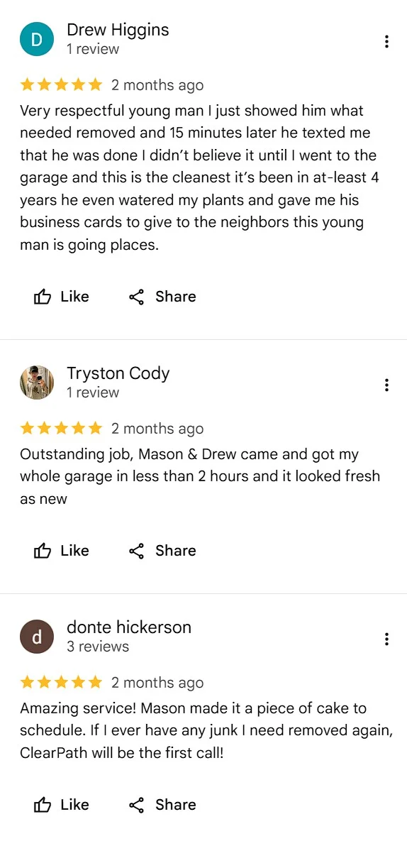 Google reviews from Drew Higgins, Tryston Cody, and donte hickerson, all 5 stars