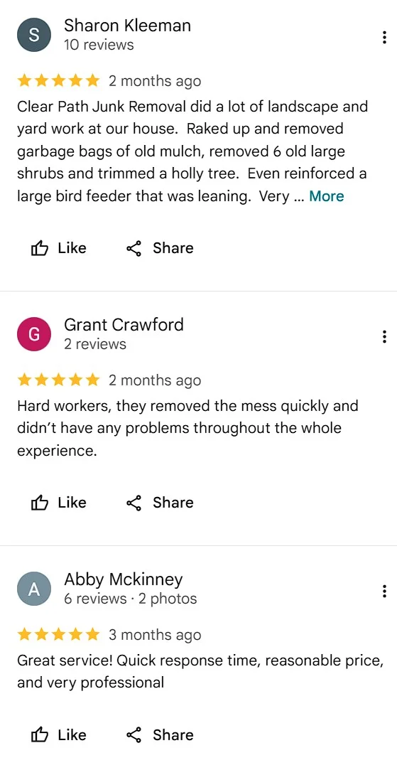 Google reviews from Sharon Kleeman, Grant Crawford, and Abby Mckinney, all 5 stars
