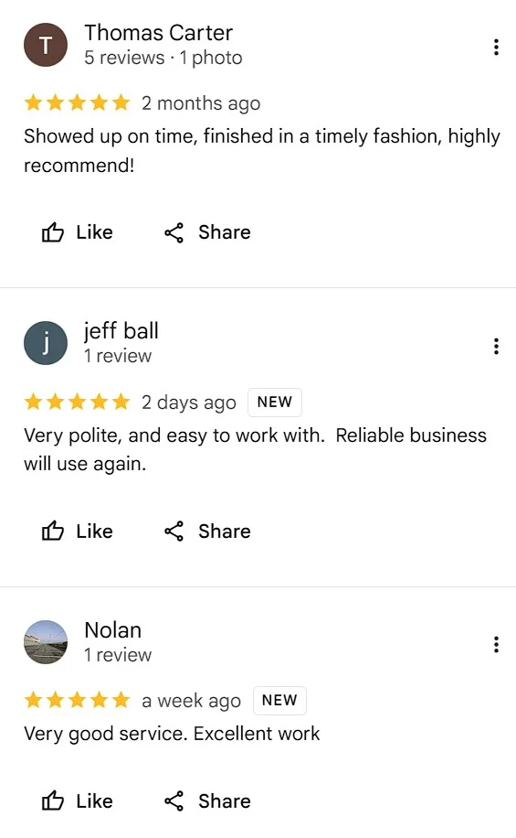 Google reviews from Thomas Carter, Jeff Ball, and Nolan, all 5 stars
